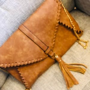 Tan Leather Clutch with Gold Strap